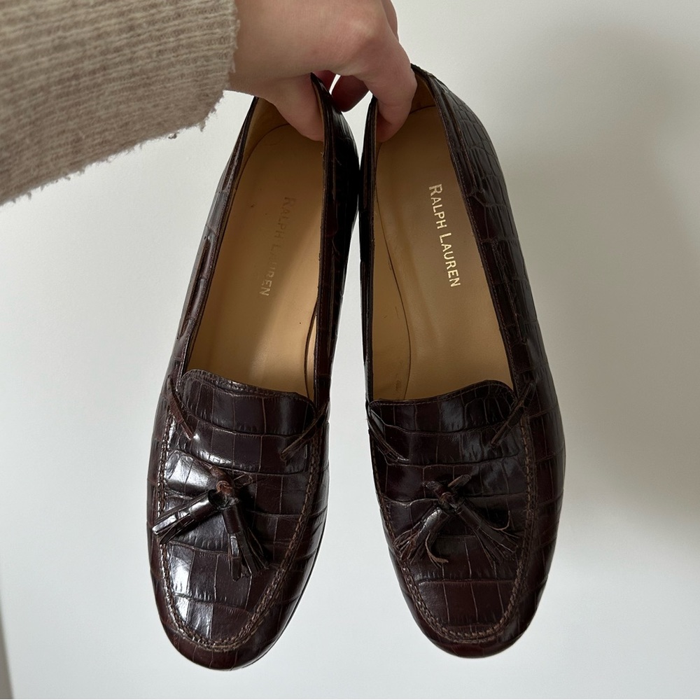 Vintage Ralph Lauren Dark Brown Croc Embossed Leather Loafers (Fits Size 7)